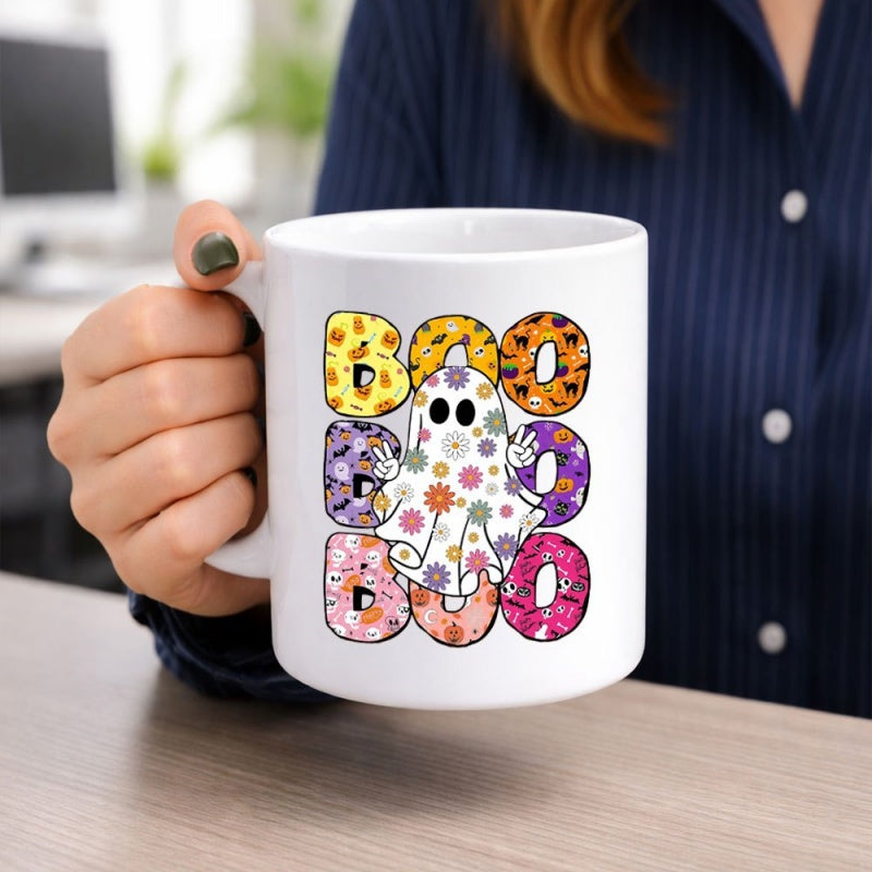 Tailorly White Ceramic 11 oz Mug - Boo Boo Retro Patterned Letters Featuring A Floral Decorative Cartoon Ghost