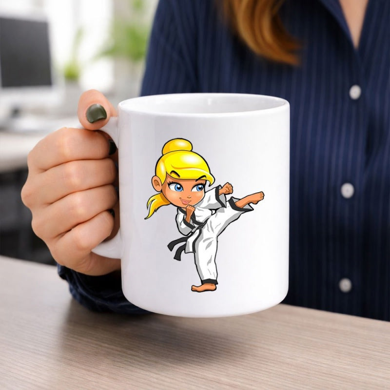Tailorly White Ceramic 11 oz Mug - Active Cartoon Blonde Girl Performing Powerful High Kick In White Uniform Karate Girl