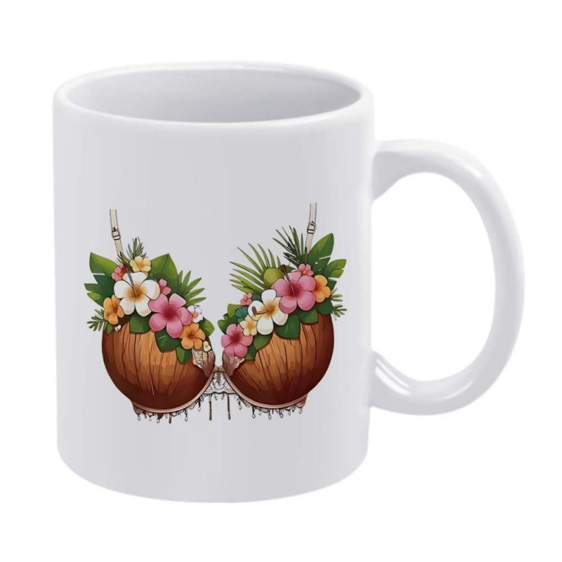 Tailorly White Ceramic 11 oz Mug - Vibrant Tropical Hibiscus Flowers Blooming Over Pair Of Summer Style Coconuts Bra