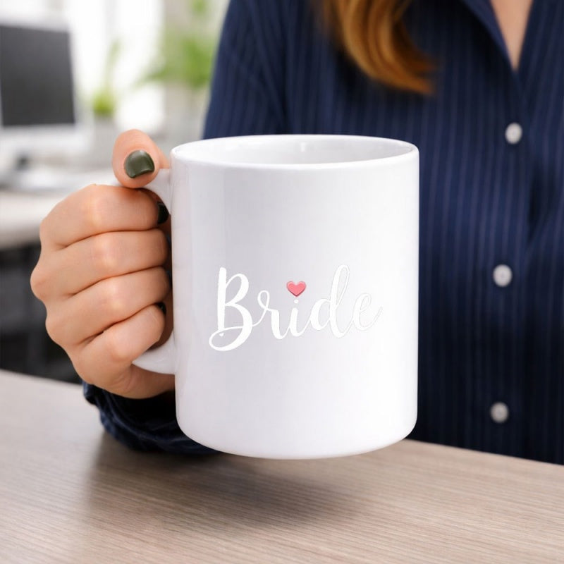Tailorly White Ceramic 11 oz Mug - Bride Elegant Script Lettering Accompanied By A Tiny Pink Heart Mug