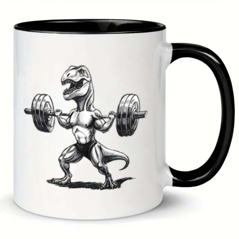 Tailorly Black Accent 11 oz Mug - dinosaur lifting weights