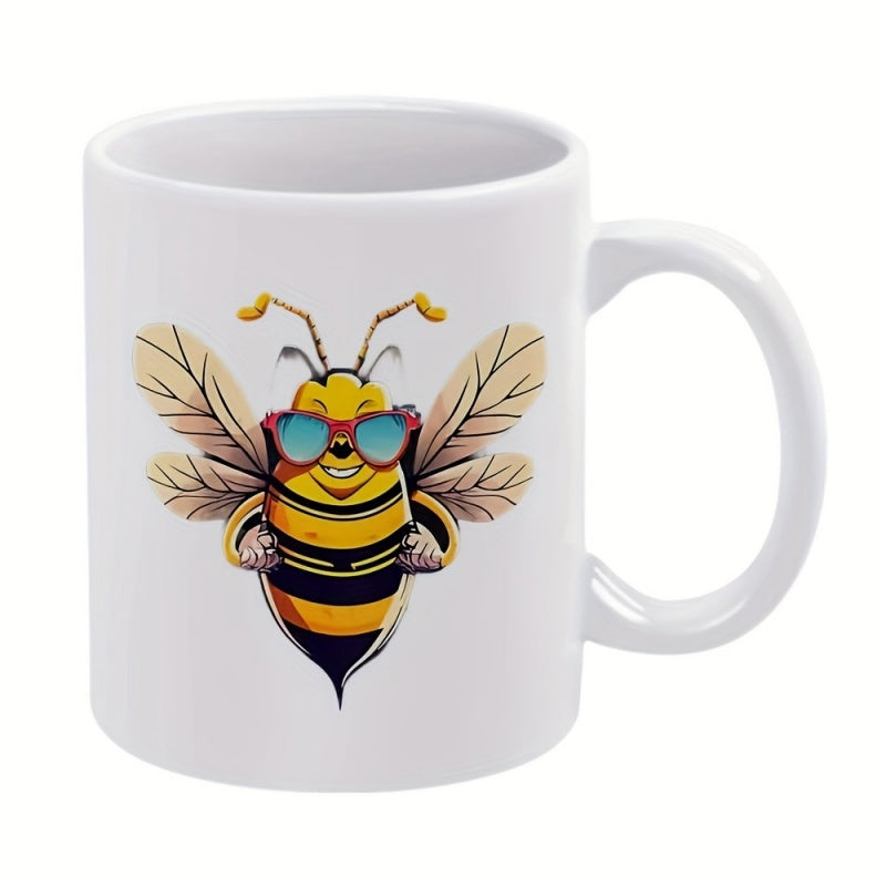 Tailorly White Ceramic 11 oz Mug - Cartoon Flying Honeybee Wearing Stylish Blue Sunglasses With Open Wings Smiling Bee