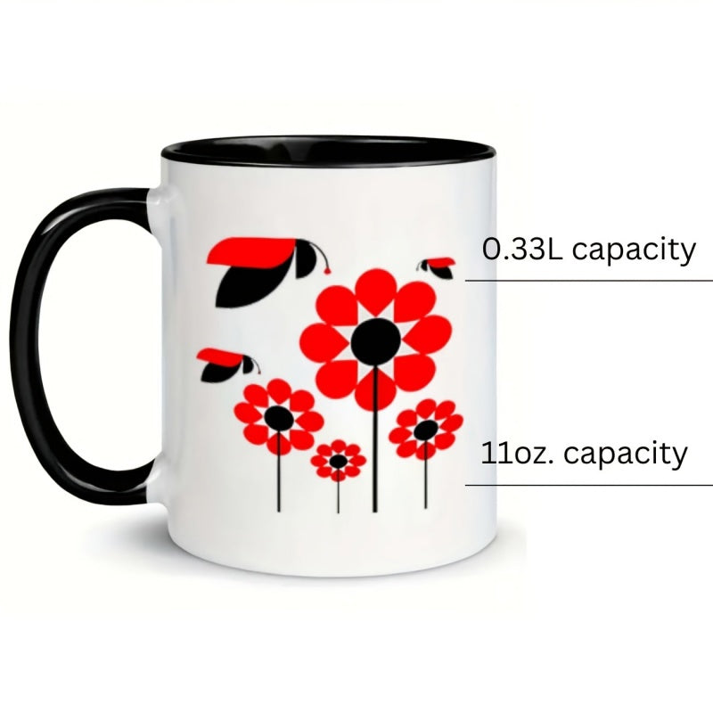 Tailorly Black Accent 11 oz Mug - flowers and ladybugs cartoon