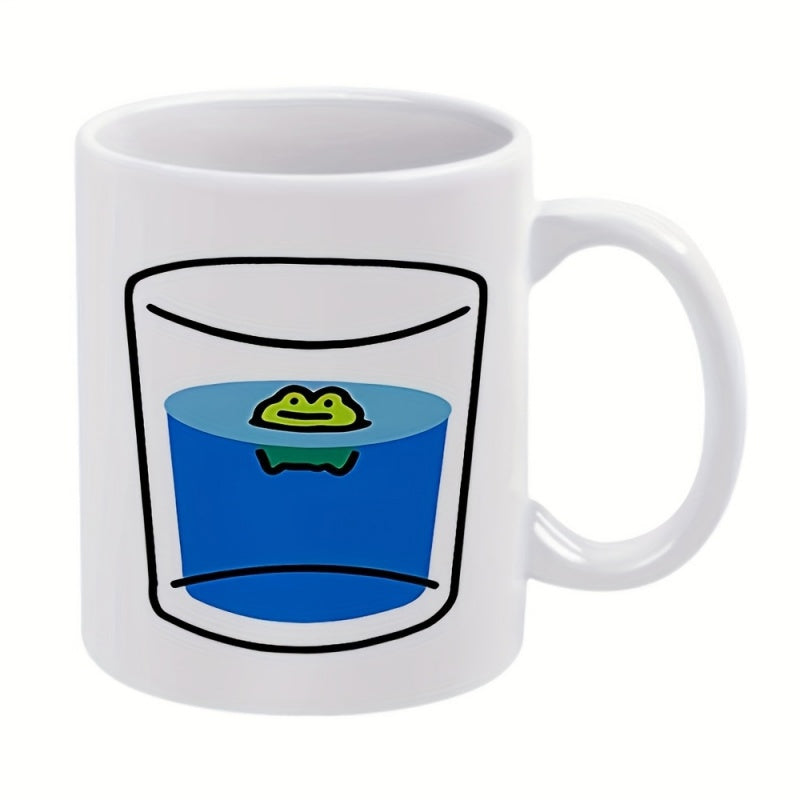 Tailorly White Ceramic 11 oz Mug - Minimalist Cartoon Green Frog Floating In Blue Water Inside Transparent Glass Frog