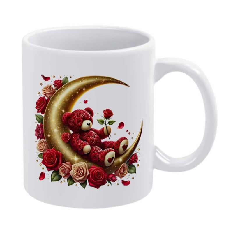 Tailorly White Ceramic 11 oz Mug - Red Plush Bear Sitting On A Golden Crescent Moon Among Roses Teddy Bear