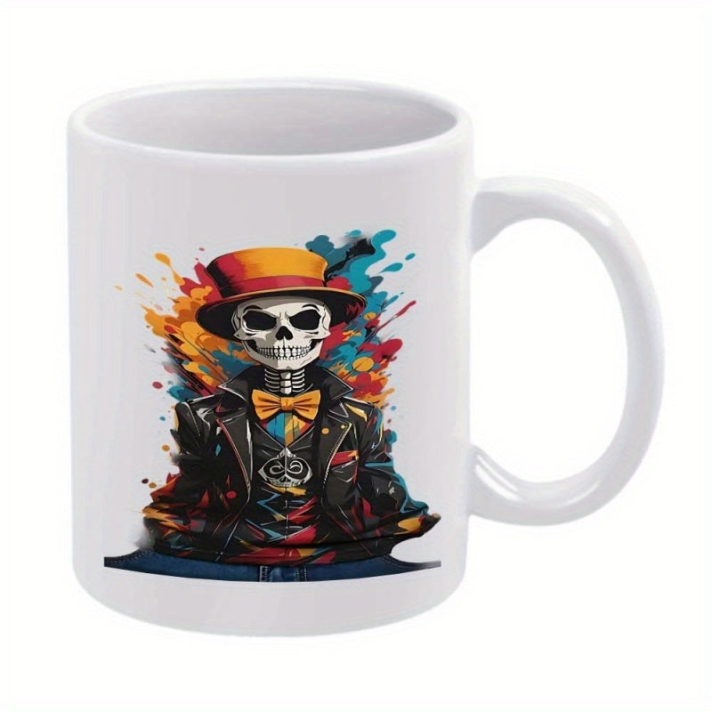 Tailorly White Ceramic 11 oz Mug - Vibrant Colorful Splatters Behind A Sophisticated Gentleman Wearing A Top Hat Skeleton
