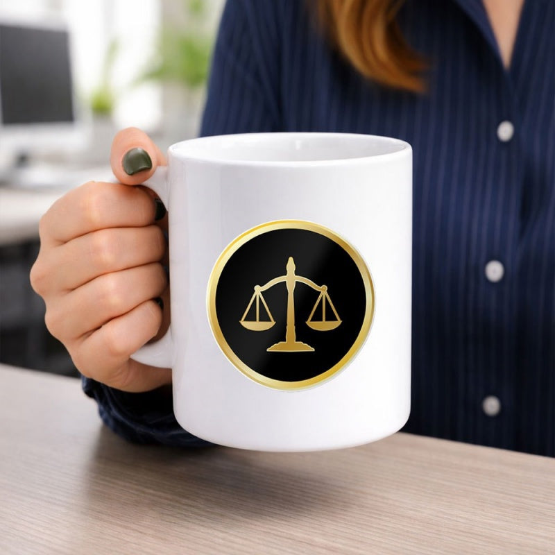 Tailorly White Ceramic 11 oz Mug - Golden Scales Of Justice Set Within Dark Circular Professional Law Symbol Scale