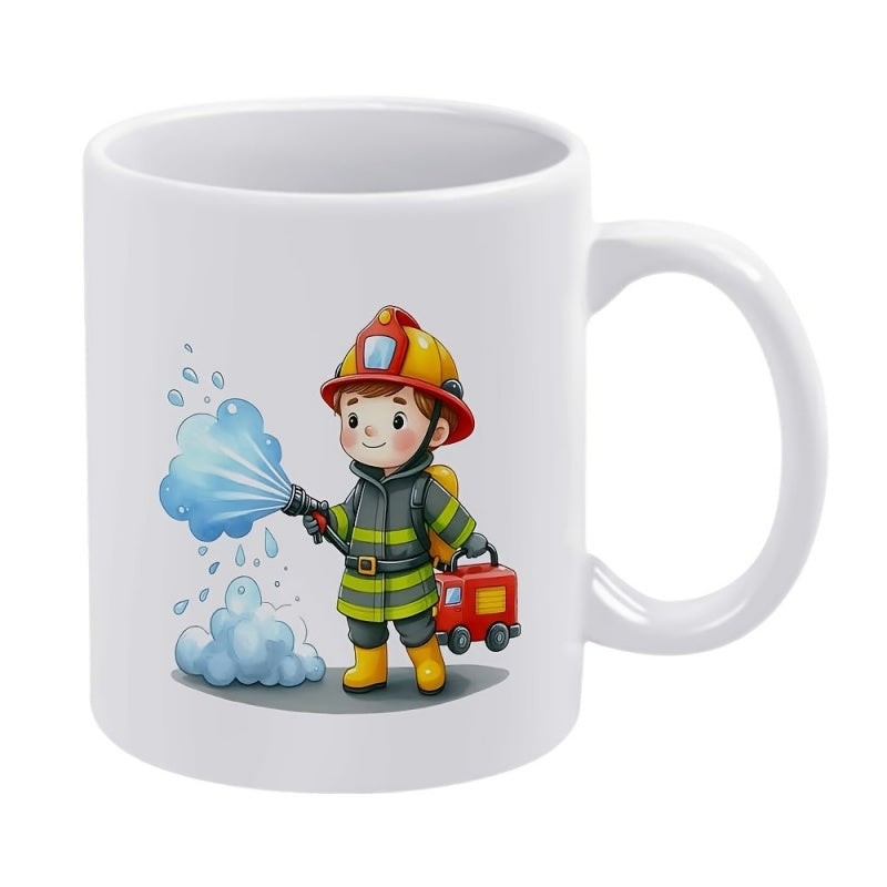 Tailorly White Ceramic 11 oz Mug - Brave Little Cartoon Boy Spraying Water From Hose Near Red Truck Firefighter