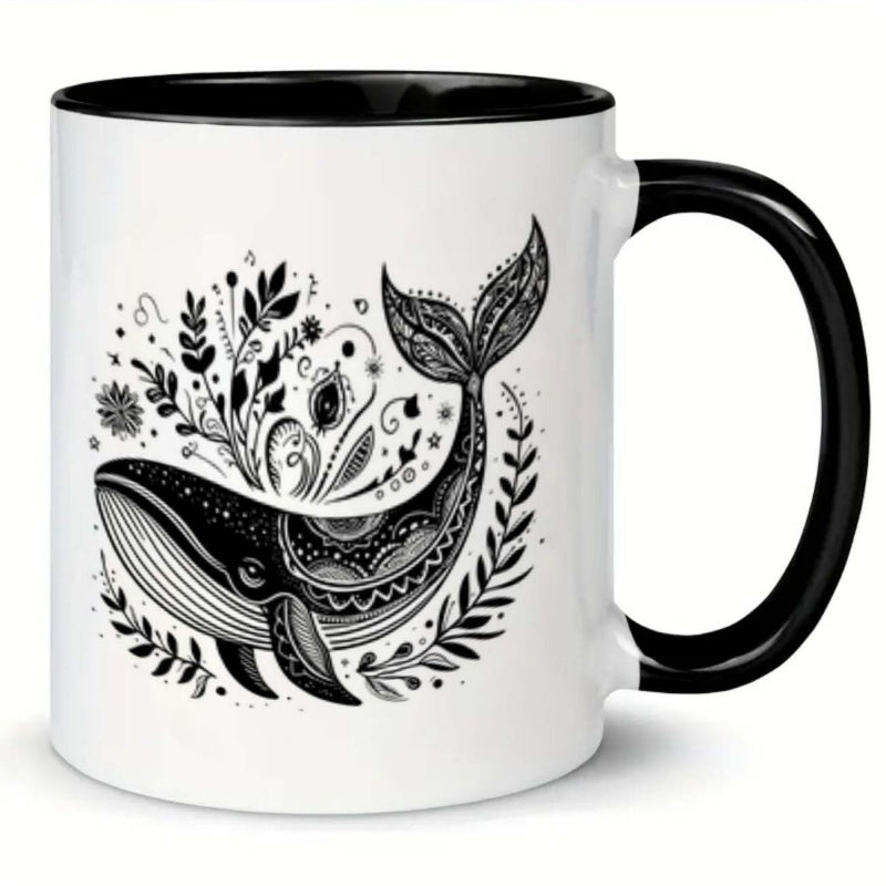 Tailorly Black Accent 11 oz Mug - whale flowers leaves cartoon
