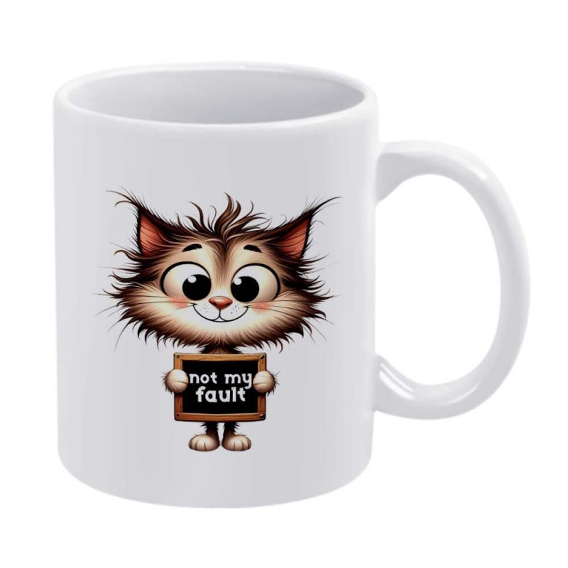 Tailorly White Ceramic 11 oz Mug - Not My Fault Adorable Fluffy Cartoon Cat Holding Small Sign With Big Expressive Eyes Cat