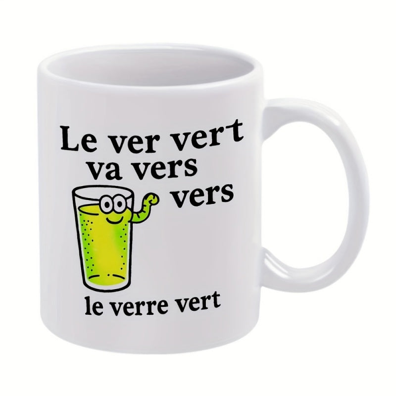 Tailorly White Ceramic 11 oz Mug - Vibrant Cartoon Illustration Of A Worm Inside A Green Drink Glass Worm