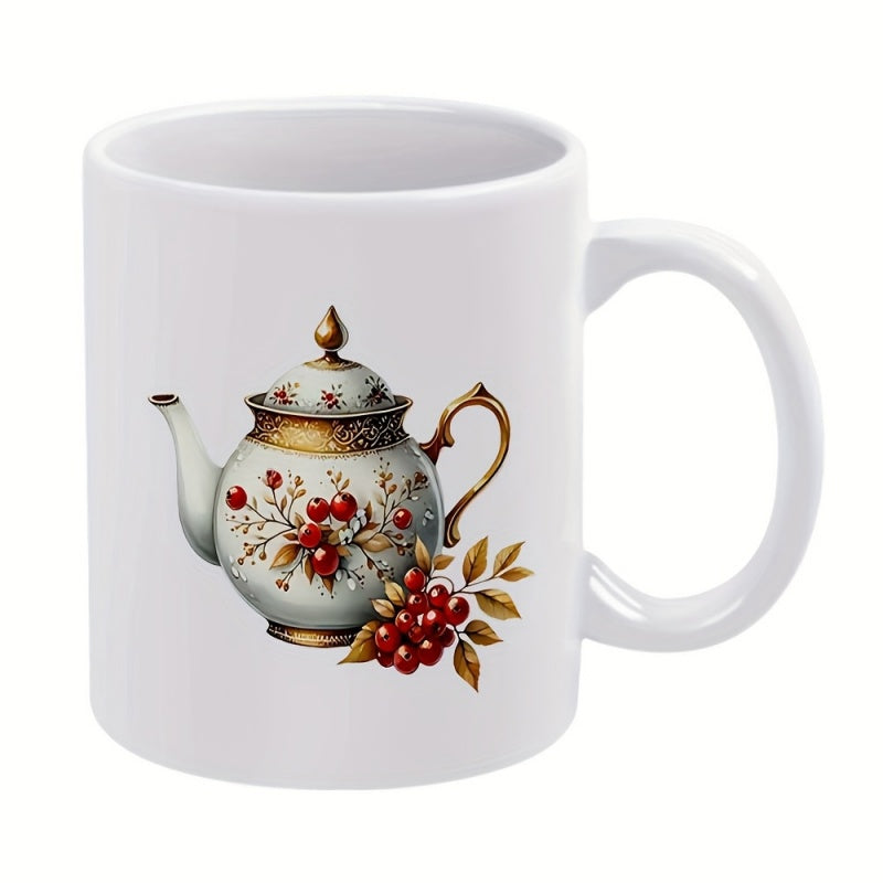 Tailorly White Ceramic 11 oz Mug - Vintage Ceramic Teapot With Golden Accents And Red Berries Among Leaves Teapot