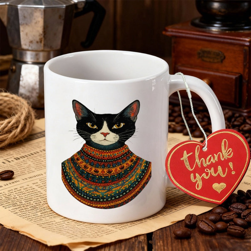 Tailorly White Ceramic 11 oz Mug - Thank You Tuxedo Cat Wearing Intricate Colorful Patterned Sweater In Front View Cat