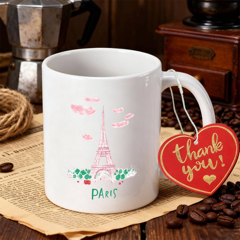Tailorly White Ceramic 11 oz Mug - Paris Hand Drawn Pink Sketch With Green Trees And Floating Clouds Tower