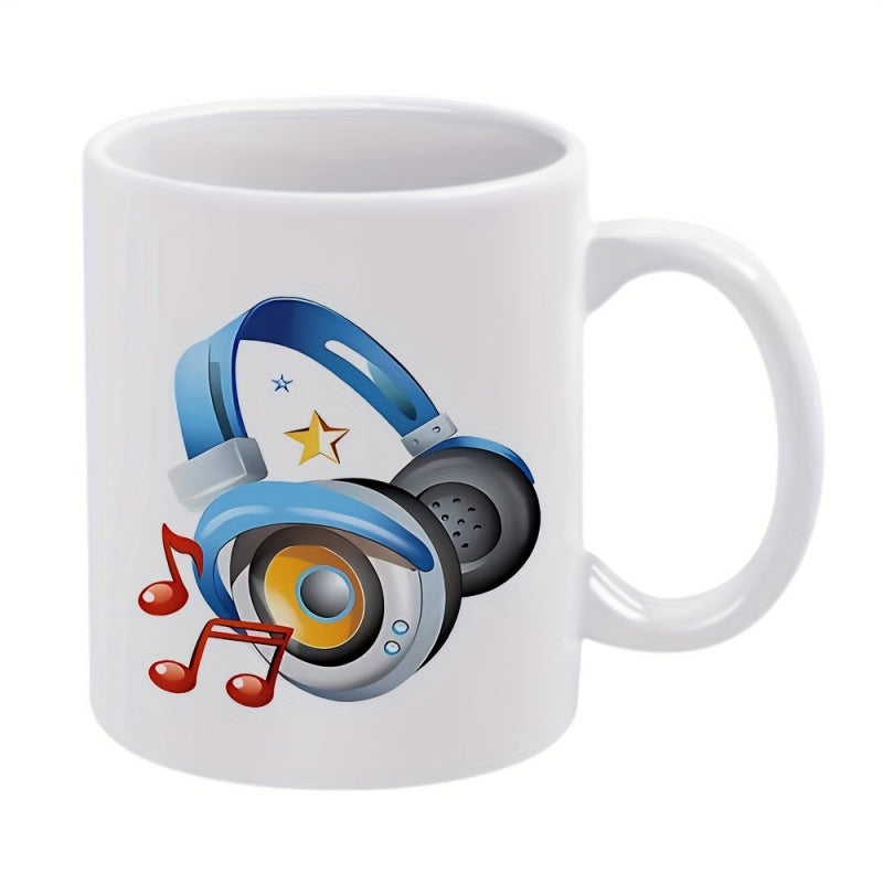 Tailorly White Ceramic 11 oz Mug - Modern Blue Stylized Audio Accessory Accompanied By Vibrant Red Musical Notes Headphones