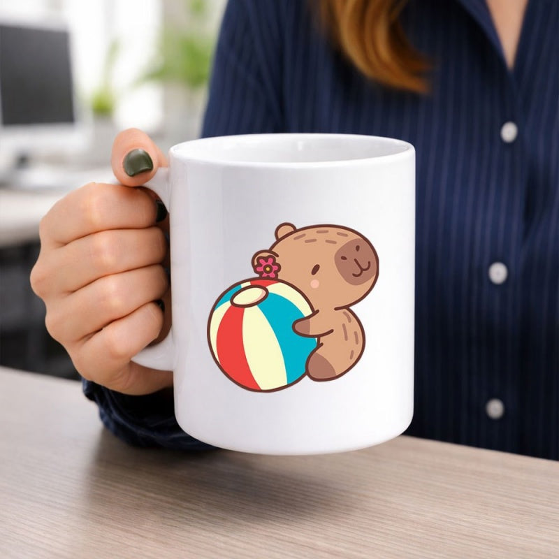 Tailorly White Ceramic 11 oz Mug - Adorable Cartoon Character Hugging A Bright Colorful Striped Beach Ball Capybara