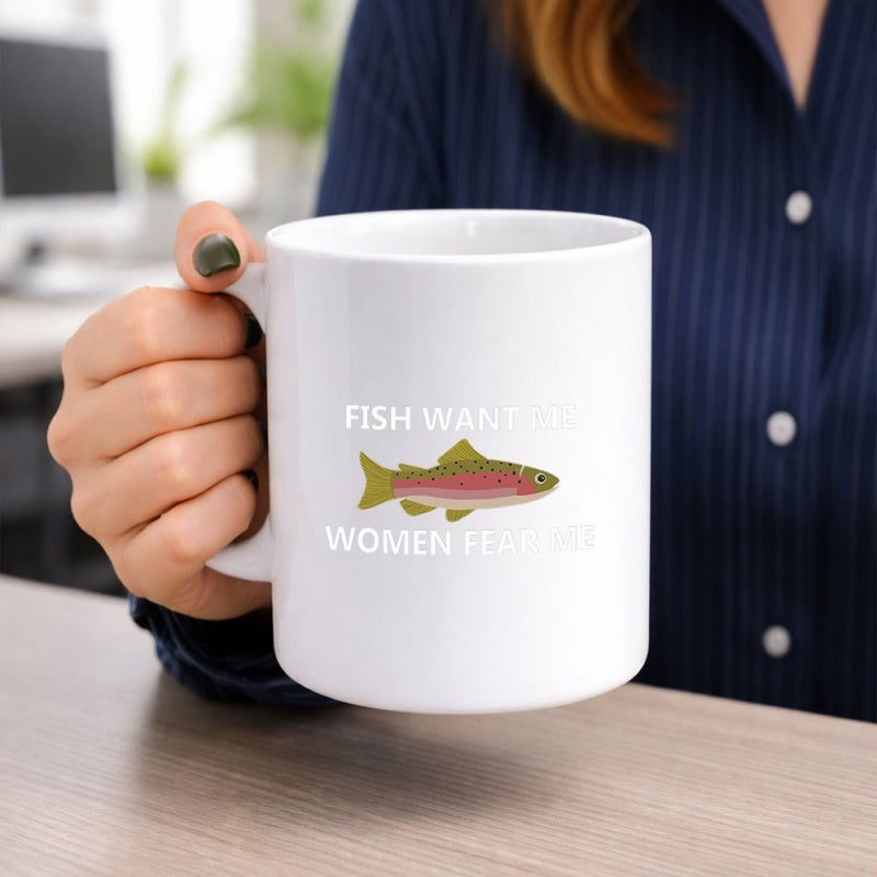 Tailorly White Ceramic 11 oz Mug - Fish Want Me Women Fear Me Vibrant Colorful Trout Swimming Gracefully Across A Pure White Surface Trout