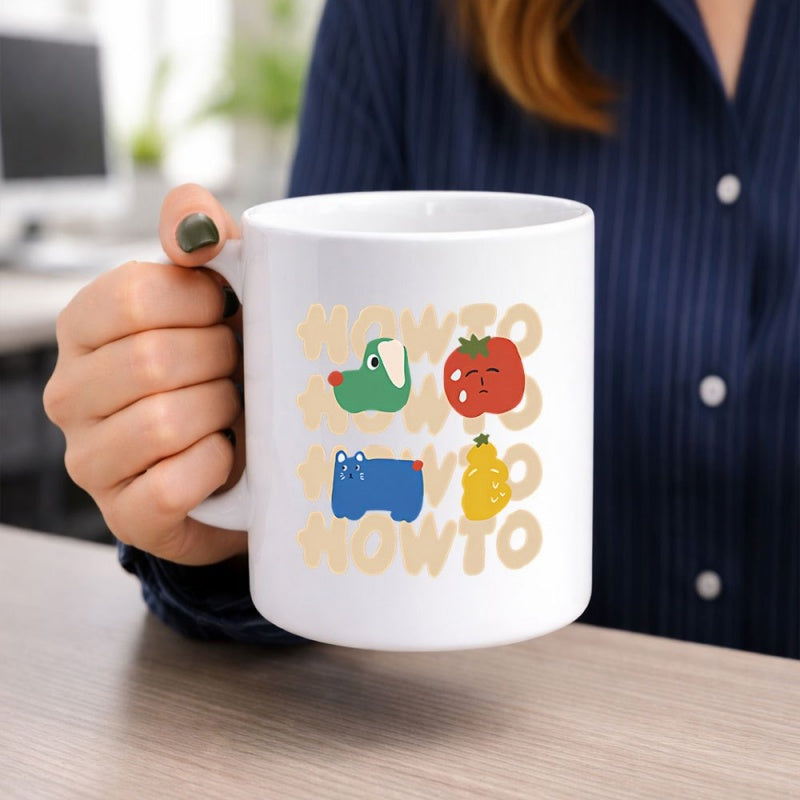 Tailorly White Ceramic 11 oz Mug - Howto Whimsical Cartoon Characters Set Against Repeat Text Patterns On A Ceramic Mug