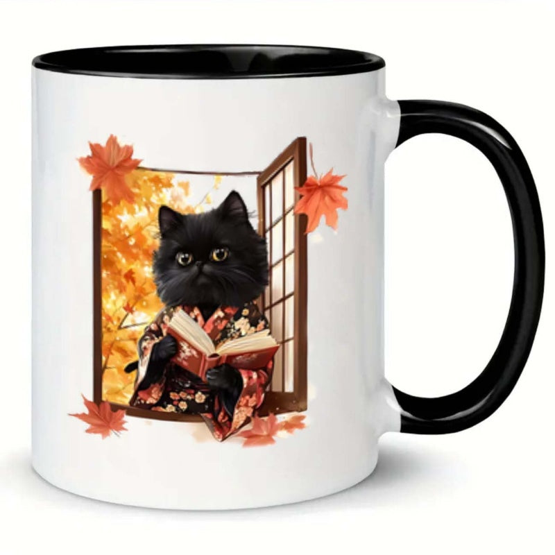 Tailorly Black Accent 11 oz Mug - feline floral patterns