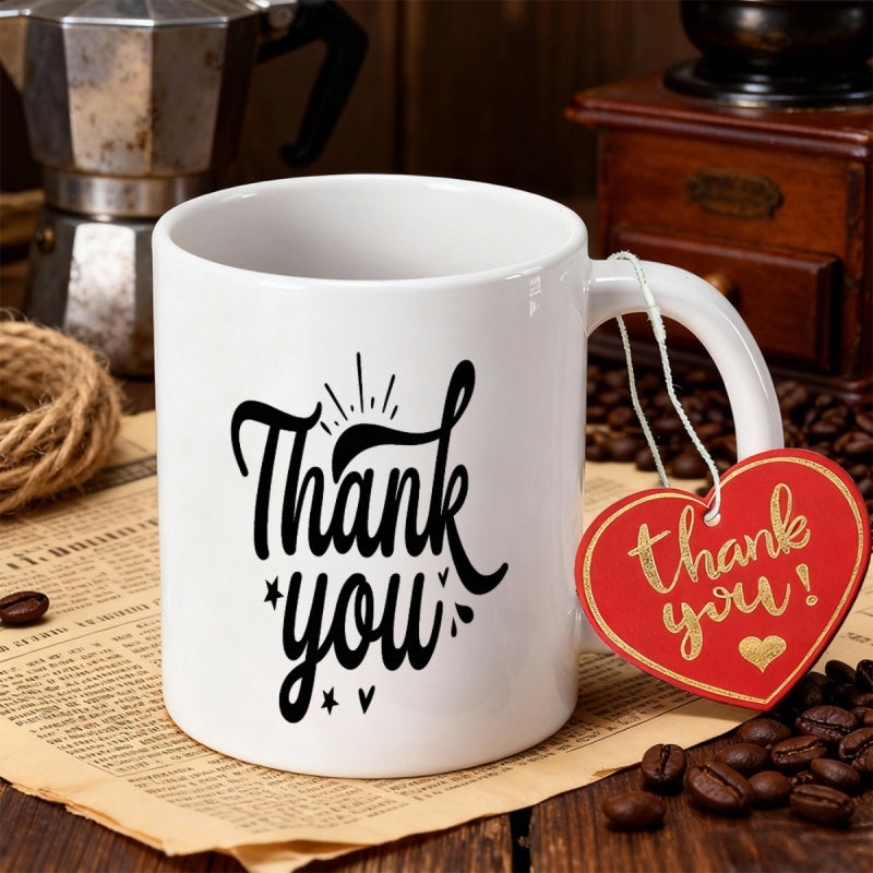Tailorly White Ceramic 11 oz Mug - Thank You Handwritten Artistic Script Featuring Decorative Radiant Lines And Small Elegant Hearts Mug