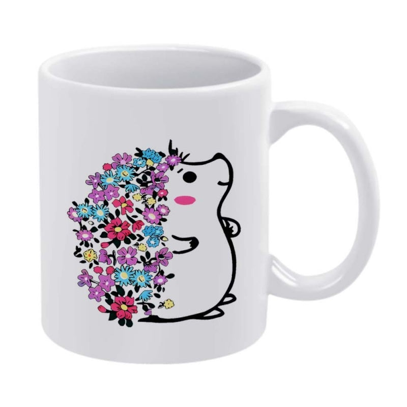 Tailorly White Ceramic 11 oz Mug - Cute Stylized Illustration With Colorful Spring Flowers Replacing Spines Hedgehog