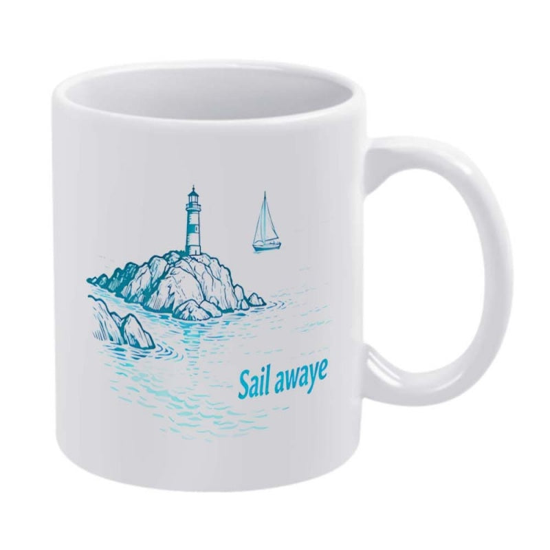Tailorly White Ceramic 11 oz Mug - Sail Awaye Nautical Scene With Rocky Island And Small Sailboat Passing A Tall Lighthouse