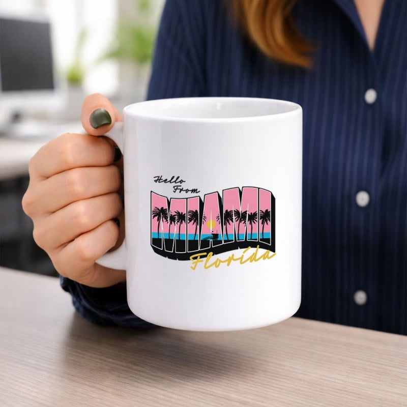 Tailorly White Ceramic 11 oz Mug - Hello From Miami Florida Tropical Palm Trees And Glowing Sunset Over Calm Ocean Waves Landscape