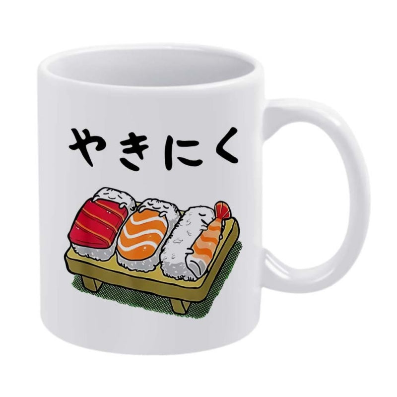 Tailorly White Ceramic 11 oz Mug - Hand Drawn Assorted Seafood Nigiri Placed On Wooden Geta Sushi