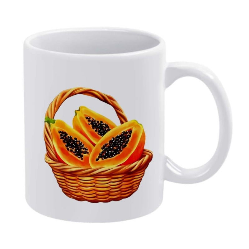 Tailorly White Ceramic 11 oz Mug - Rustic Wicker Basket Filled With Sliced Fresh Tropical Fruit And Papaya