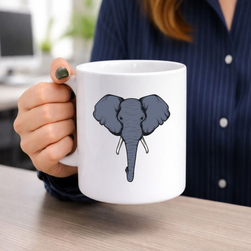 Tailorly White Ceramic 11 oz Mug - Majestic Grey African Elephant Head With Large Ears And White Tusks Elephant