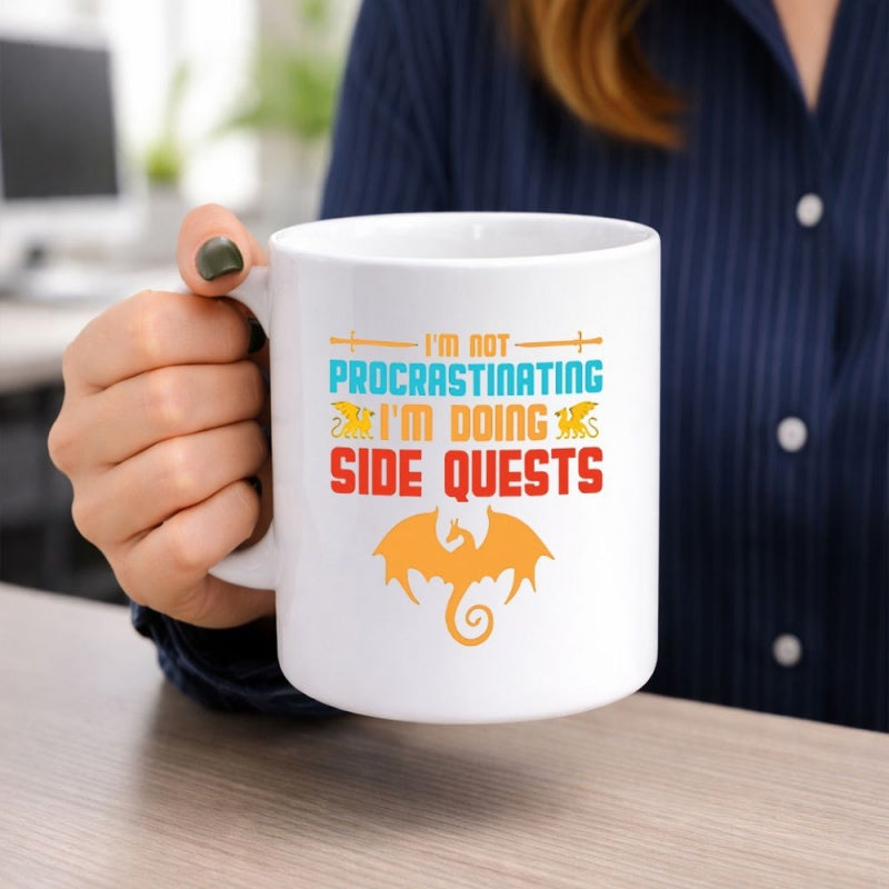 Tailorly White Ceramic 11 oz Mug - Im Not Procrastinating Im Doing Side Quests Artistic Gaming Slogan Featuring Vibrant Colors And A Fierce Mythical Dragon Mug