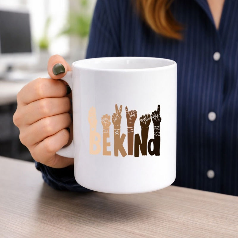 Tailorly White Ceramic 11 oz Mug - Be Kind Minimalist Diverse Skin Tones Forming Sign Language Gestures Featuring Inclusion Hand