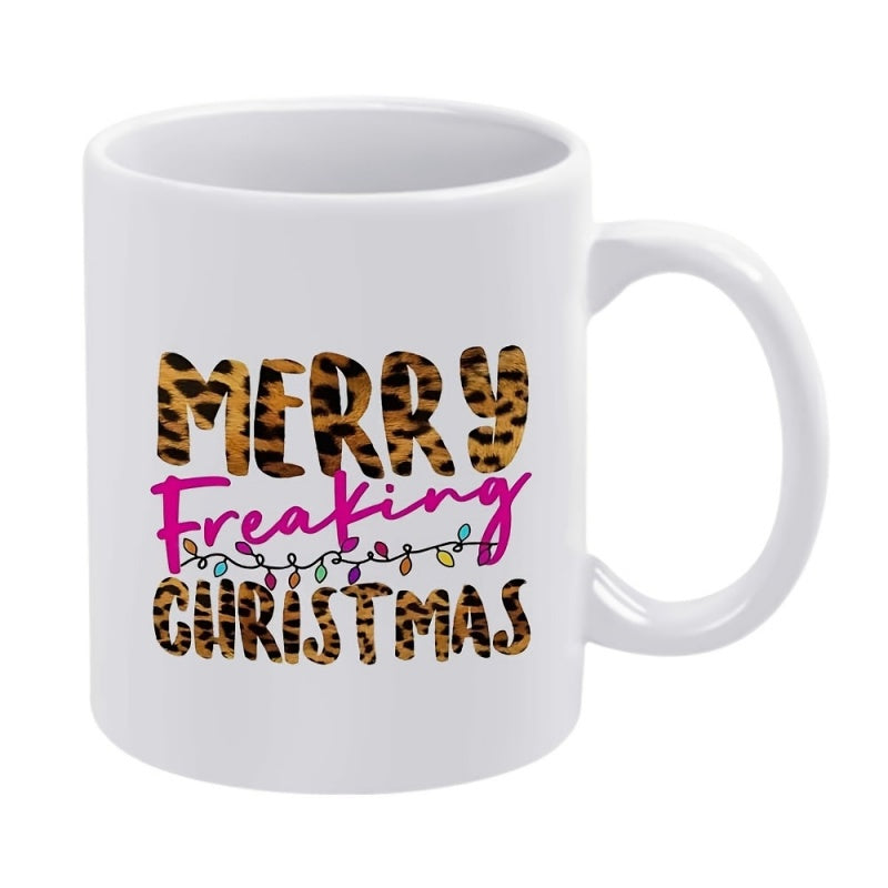 Tailorly White Ceramic 11 oz Mug - Merry Freaking Christmas Stylish Leopard Pattern Letters With Pink Script And Holiday Lights Mug