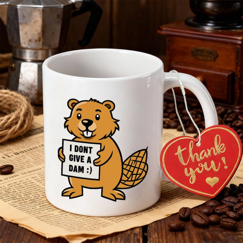 Tailorly White Ceramic 11 oz Mug - I Dont Give A Dam Cute Cartoon Animal Holding Sign With Humorous Text Beaver