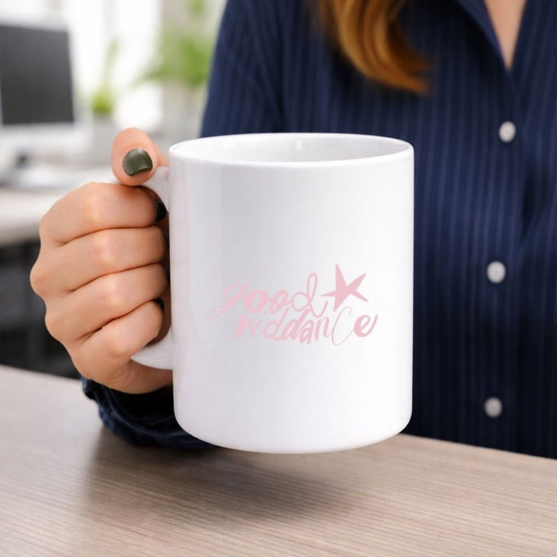Tailorly White Ceramic 11 oz Mug - Good Riddance Minimalist White Ceramic With Pink Script Text And Decorative Star Mug