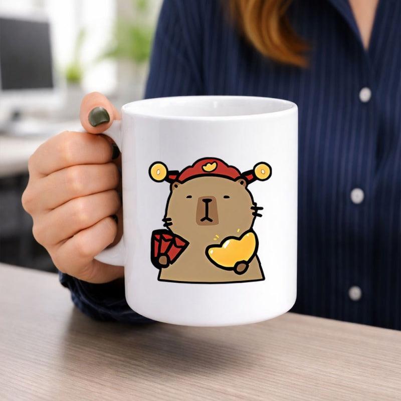 Tailorly White Ceramic 11 oz Mug - Adorable Cartoon Animal Wearing Traditional Hat Holding Gold Ingot New Year Capybara