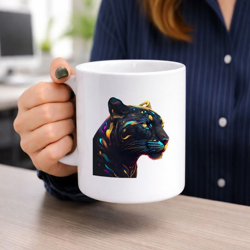 Tailorly White Ceramic 11 oz Mug - Stunning Profile Featuring Colorful Shimmering Cosmic Textures Artistic Black Panther