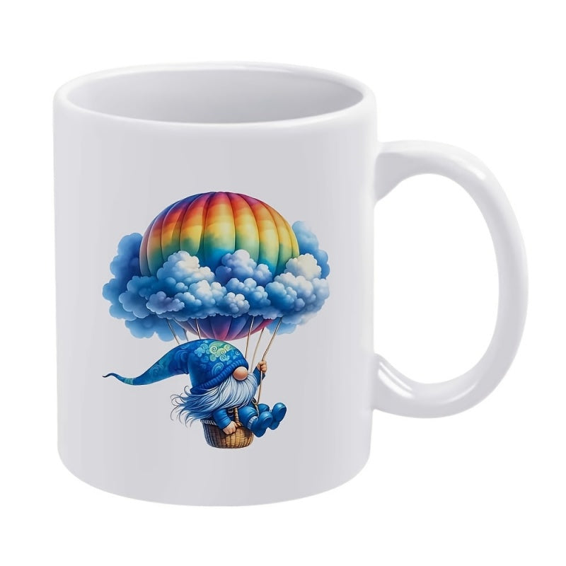 Tailorly White Ceramic 11 oz Mug - Whimsical Colorful Hot Air Balloon Floating Among Soft Clouds Gnome