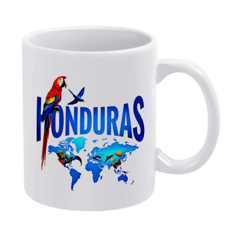 Tailorly White Ceramic 11 oz Mug - Honduras Colorful Scarlet Macaw Perched Above A Blue World Map Silhouette Parrot