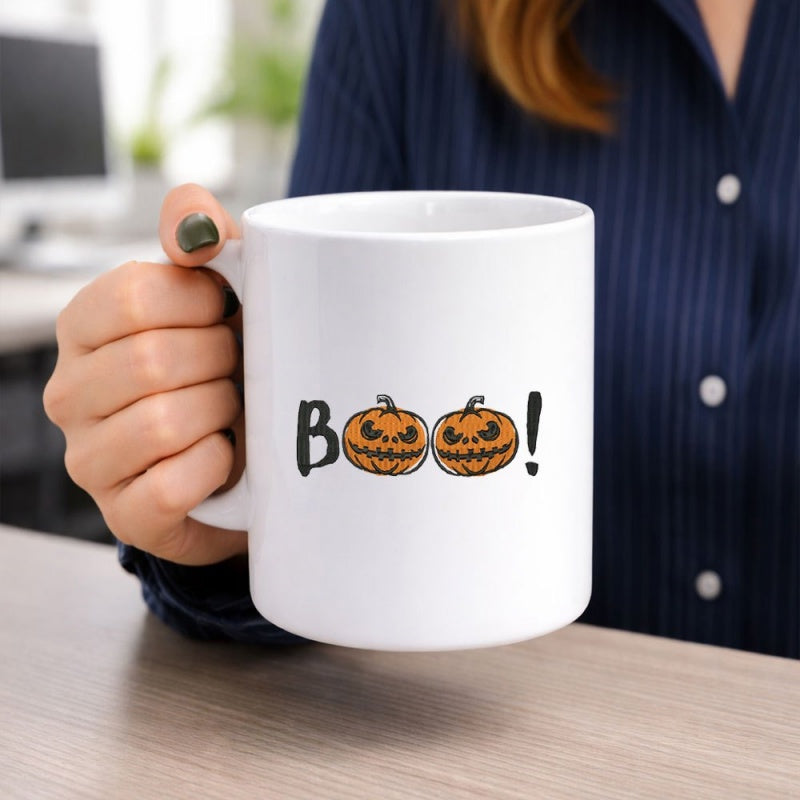 Tailorly White Ceramic 11 oz Mug - Boo Halloween Themed Pattern With Two Carved Orange Scary Jack O Lanterns Pumpkin