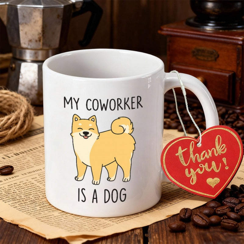 Tailorly White Ceramic 11 oz Mug - My Coworker Is A Dog Smiling Cartoon Shiba Inu With Curly Tail Standing Centered Dog