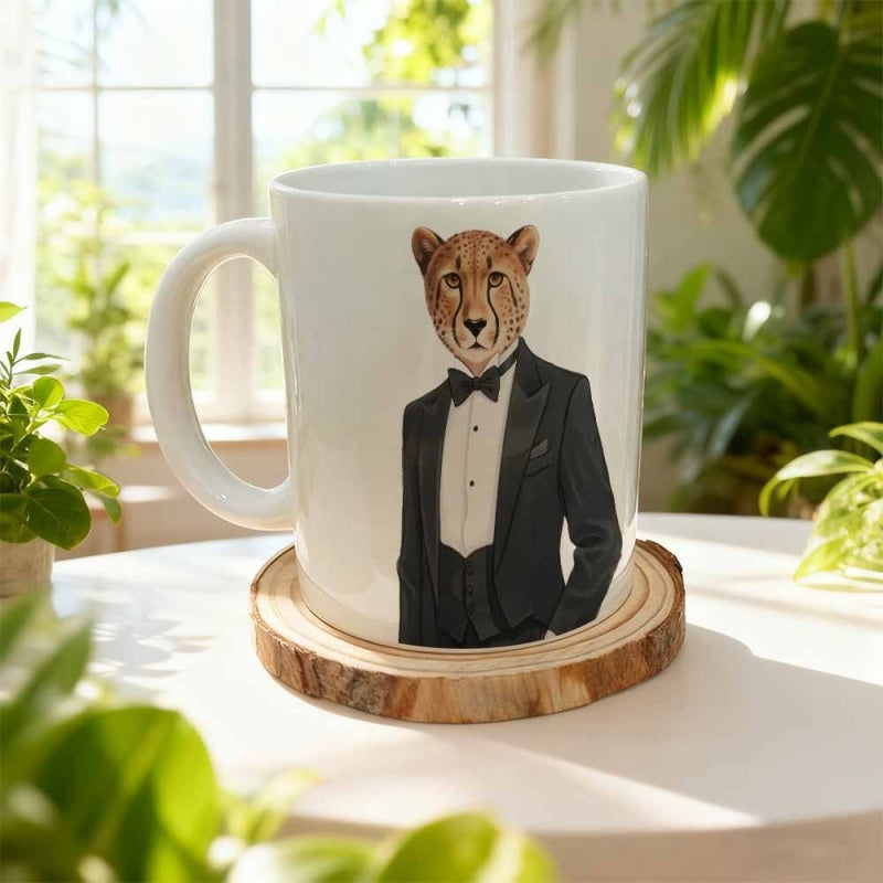 Tailorly White Ceramic 11 oz Mug - Sophisticated Cheetah Wearing A Formal Black Tuxedo And Bow Tie Cheetah