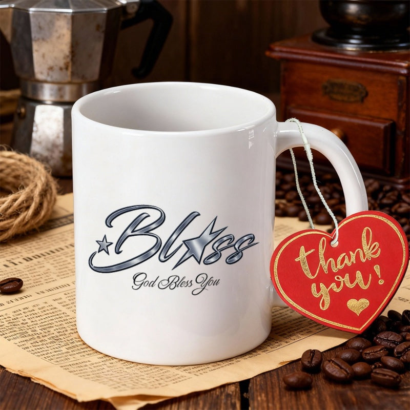 Tailorly White Ceramic 11 oz Mug - Bliss God Bless You Classic With Decorative Scripted Typography Design Mug