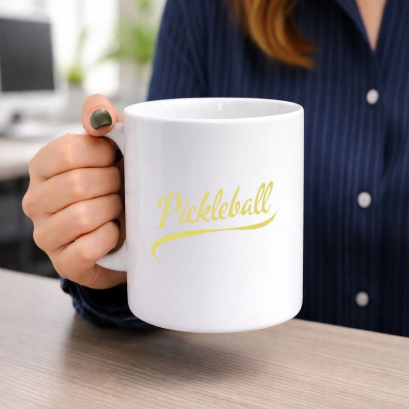 Tailorly White Ceramic 11 oz Mug - Pickleball Minimalist Golden Script Font With Decorative Swoosh On