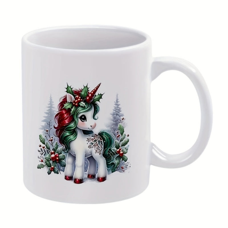 Tailorly White Ceramic 11 oz Mug - Cute Festive Baby Horse With Red Green Hair Among Snowy Forest Trees Unicorn