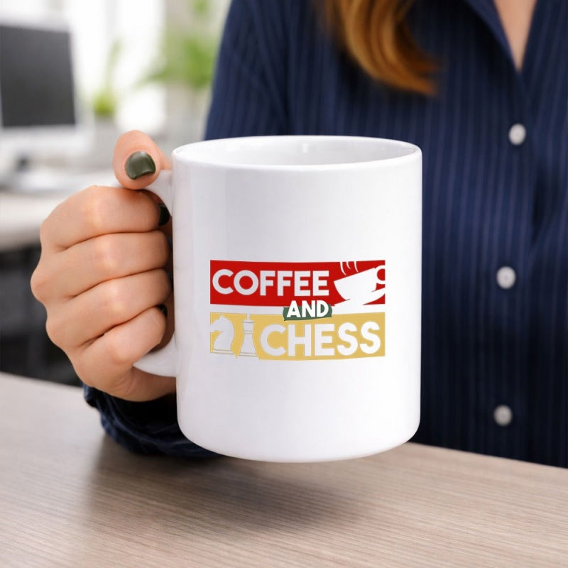 Tailorly White Ceramic 11 oz Mug - Coffee And Chess Strategic Board Game Illustration With Steaming Morning Beverage Cup Mug