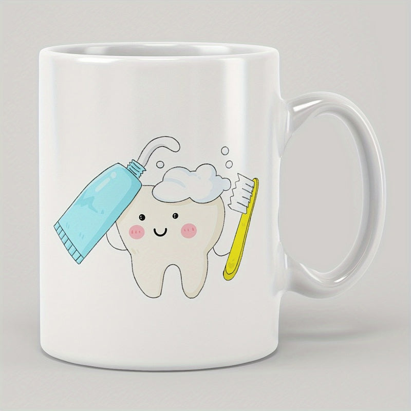 Tailorly White Ceramic 11 oz Mug - Cheerful Cartoon Dental Character Holding Toothbrush And Blue Tube Tooth