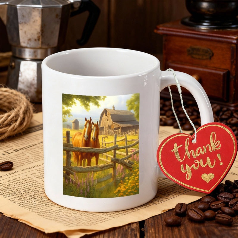 Tailorly White Ceramic 11 oz Mug - Thank You Peaceful Countryside Farmhouse Scene Featuring Two Majestic Brown Stallion Horse
