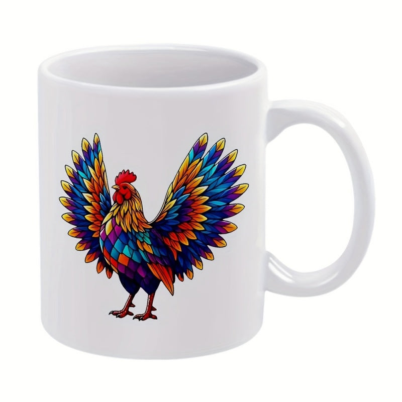 Tailorly White Ceramic 11 oz Mug - Colorful Feathers Spreading Wings In A Vibrant Artistic Stained Glass Style Rooster