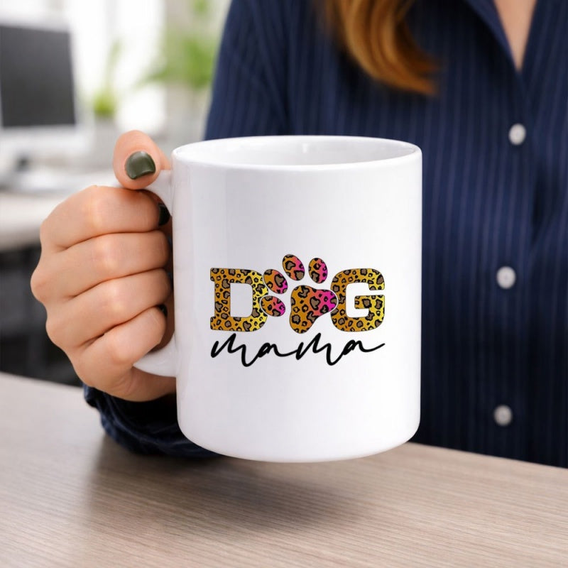 Tailorly White Ceramic 11 oz Mug - Dog Mama Leopard Print Texture Inside A Stylized Animal Paw Print Mug